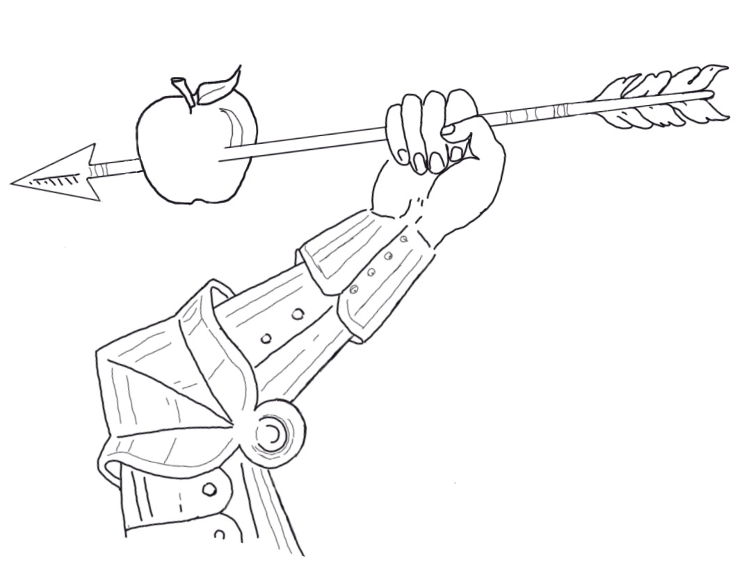 Ridderarm holdende pil med gennemskudt æble